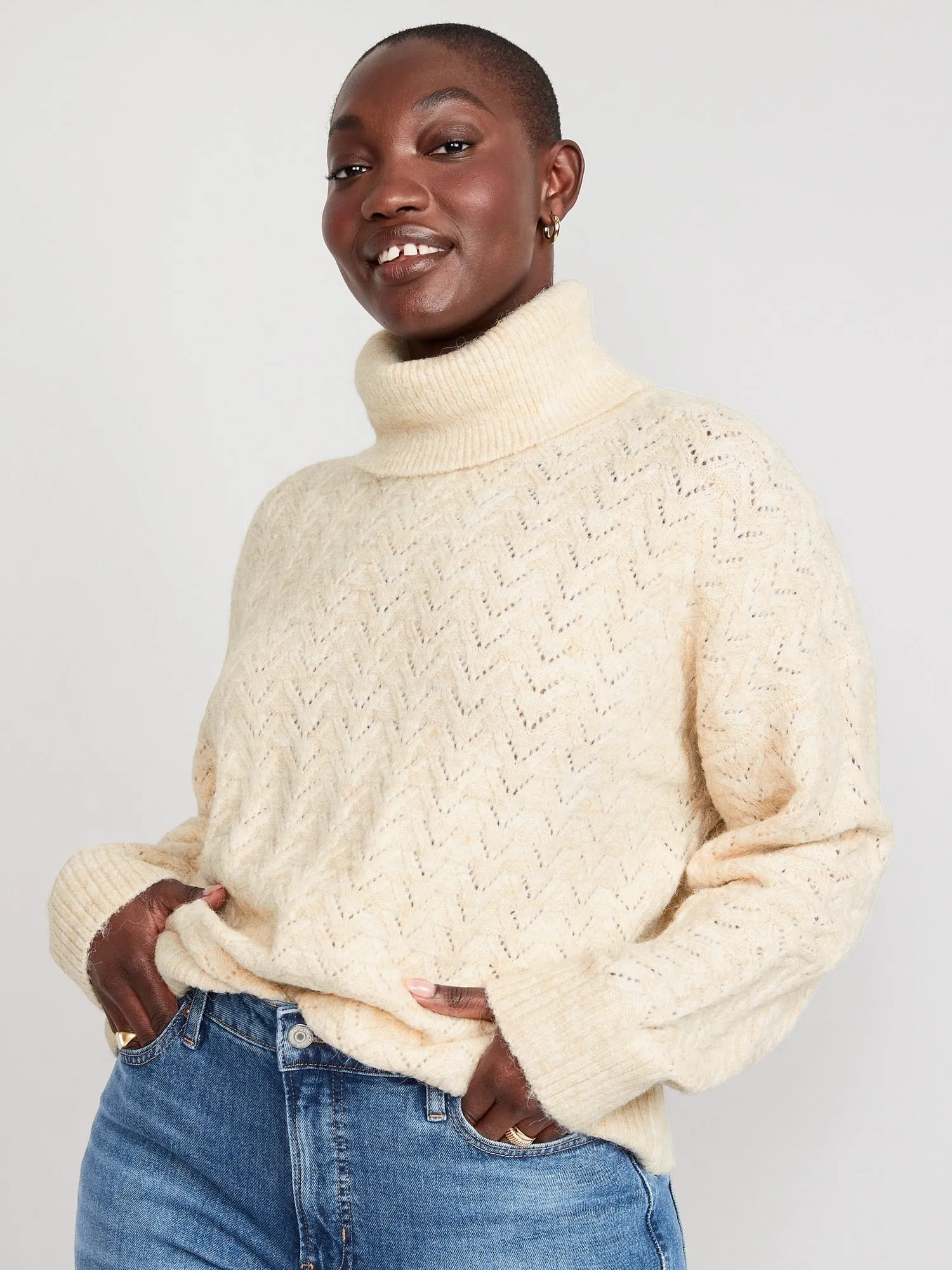 Heathered Pointelle-Knit Turtleneck Sweater for Women Old-Navy