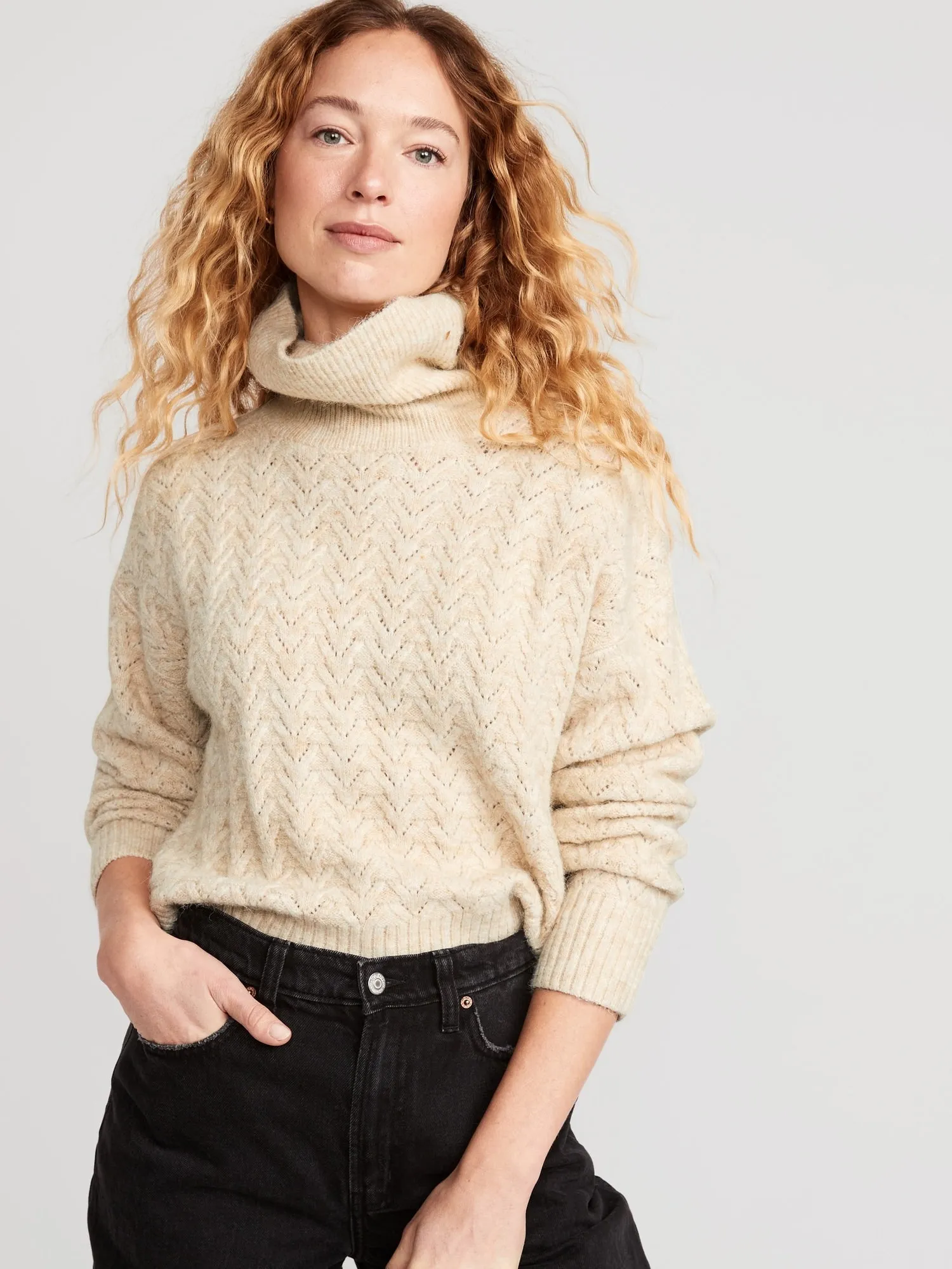 Heathered Pointelle-Knit Turtleneck Sweater for Women Old-Navy