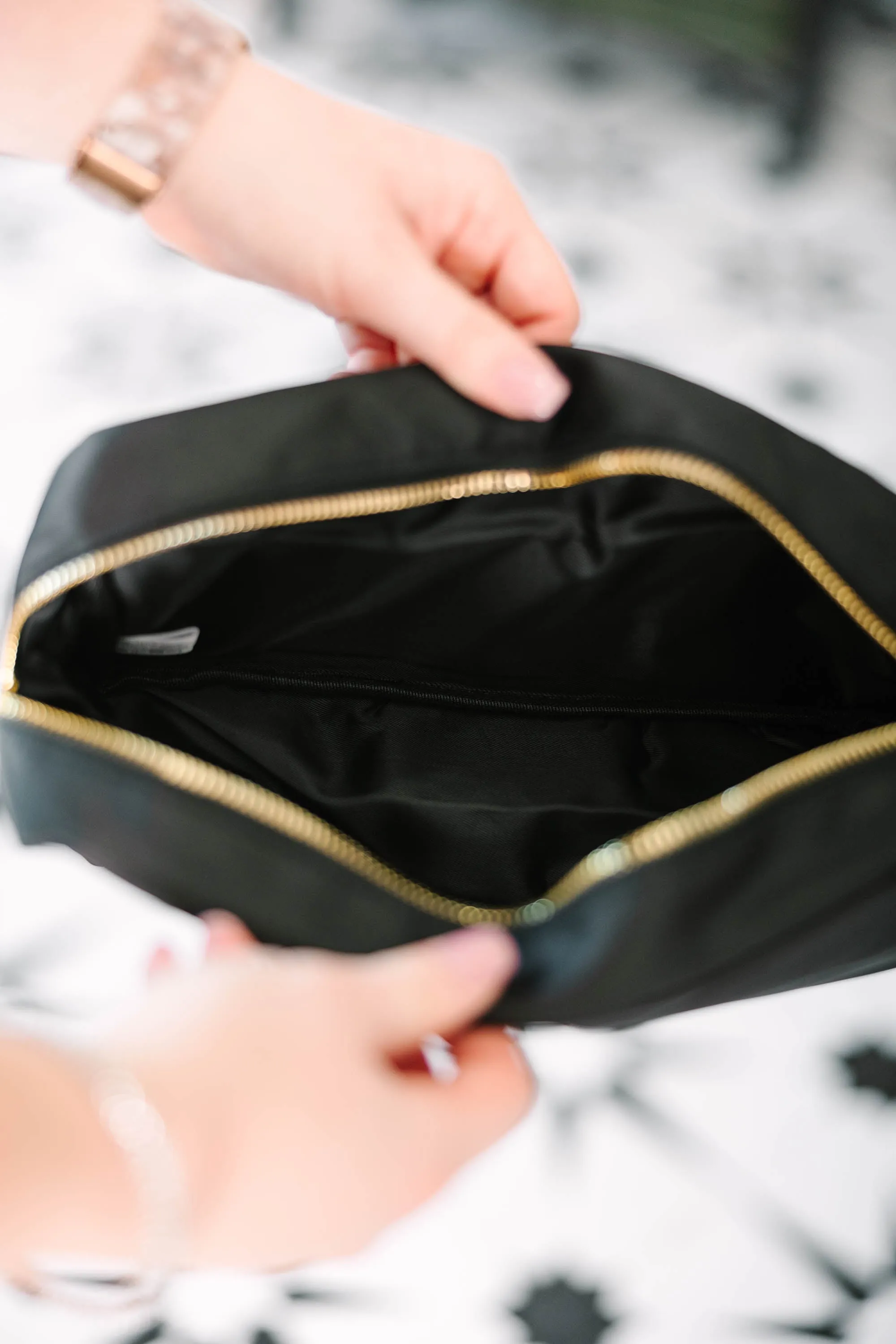 Let's Get Going Black Varsity Cosmetic Bag, Large