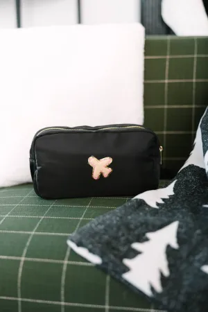 Let's Get Going Black Varsity Cosmetic Bag, Large