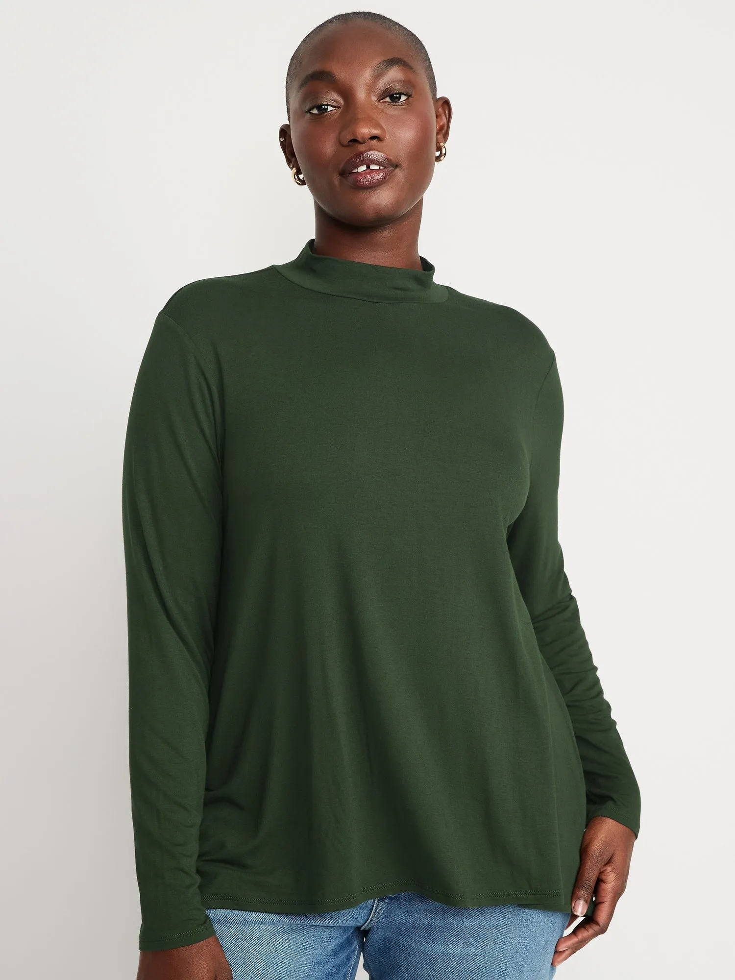 Long-Sleeve Luxe Mock-Neck Swing T-Shirt for Women Old-Navy
