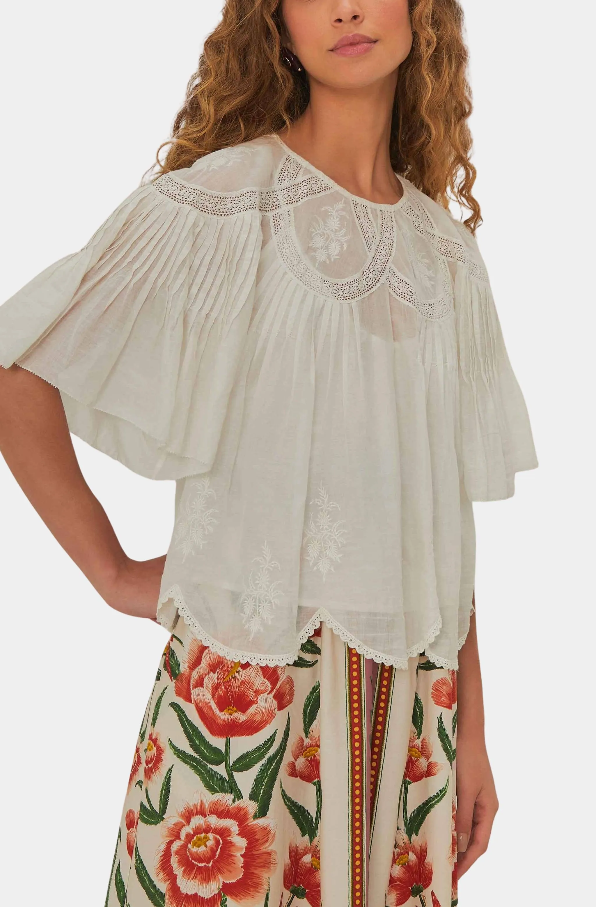 Off-White Embroidered Short Sleeve Blouse