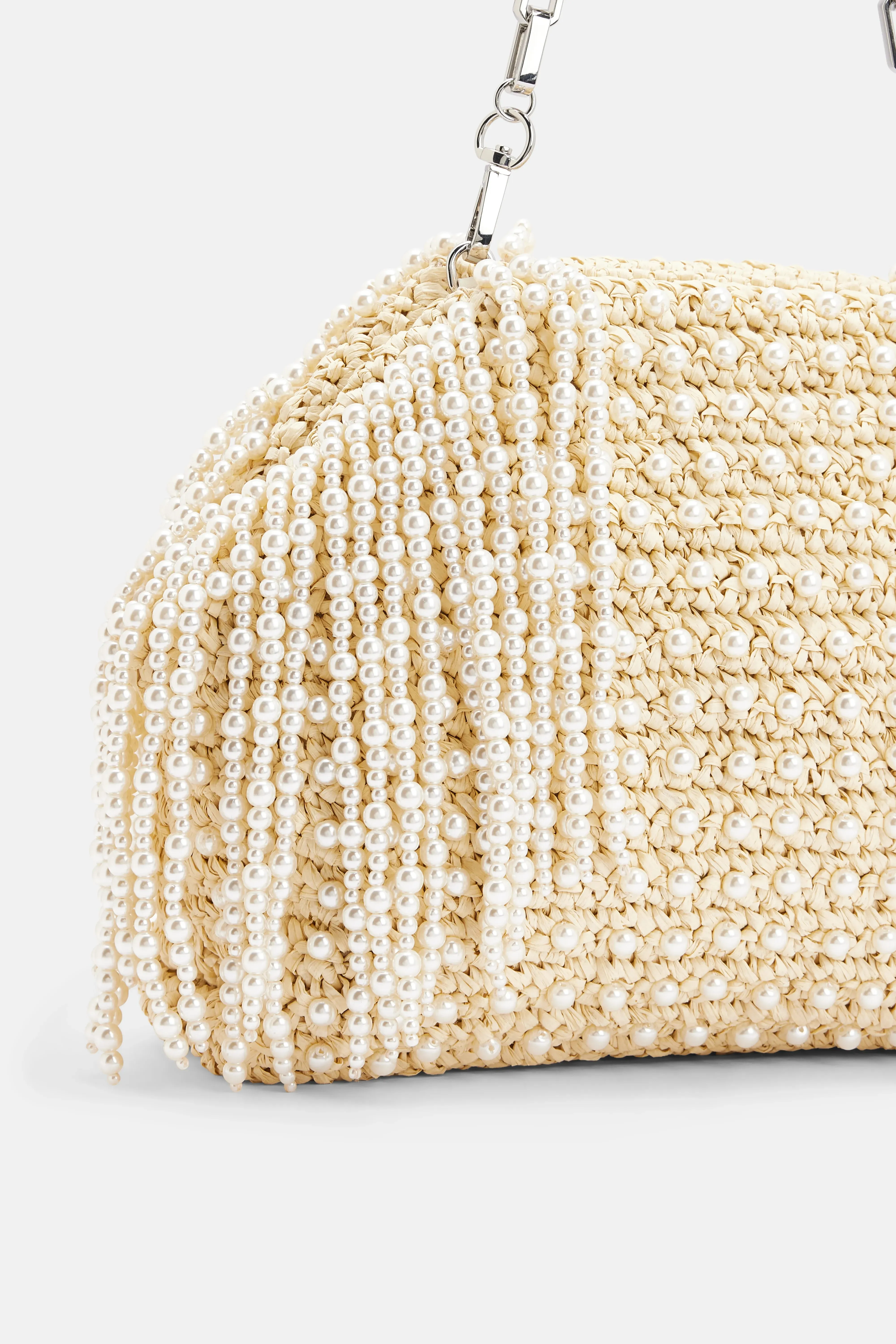 Raffia Pearl Fringe Clutch Bag in Cream