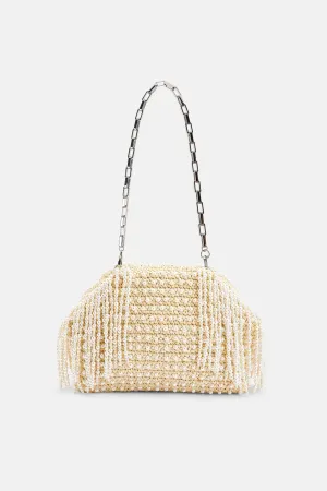 Raffia Pearl Fringe Clutch Bag in Cream
