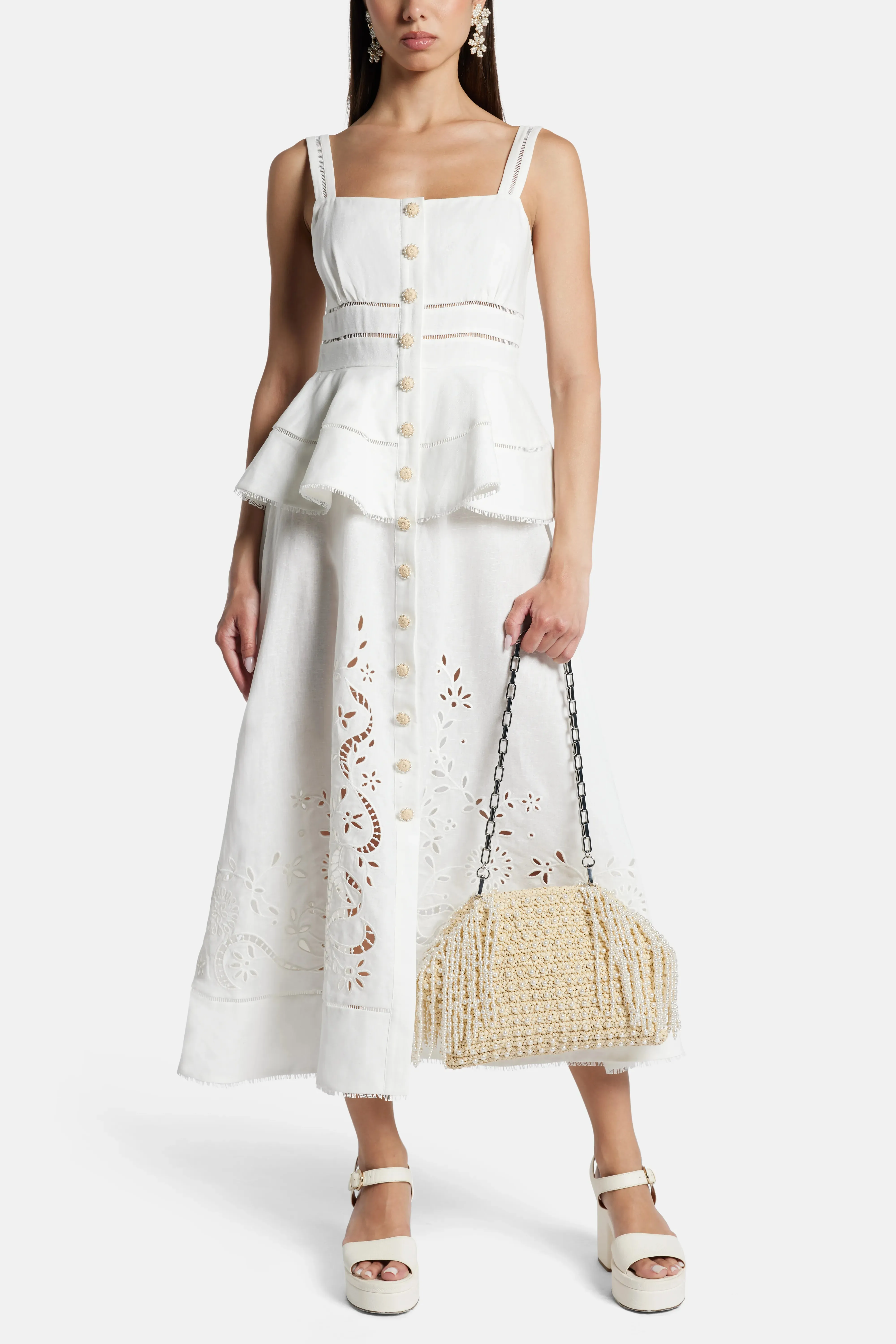 Raffia Pearl Fringe Clutch Bag in Cream