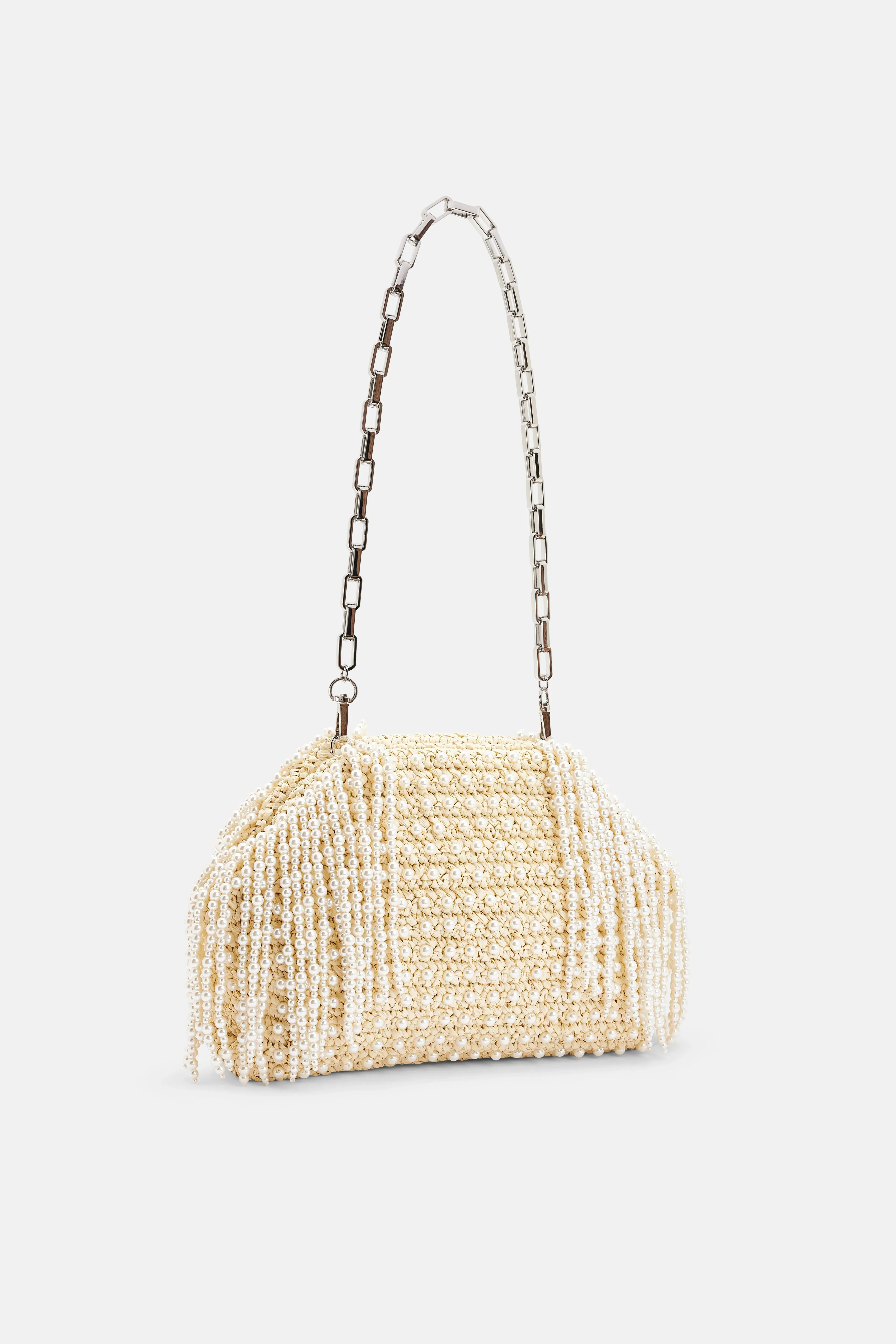 Raffia Pearl Fringe Clutch Bag in Cream