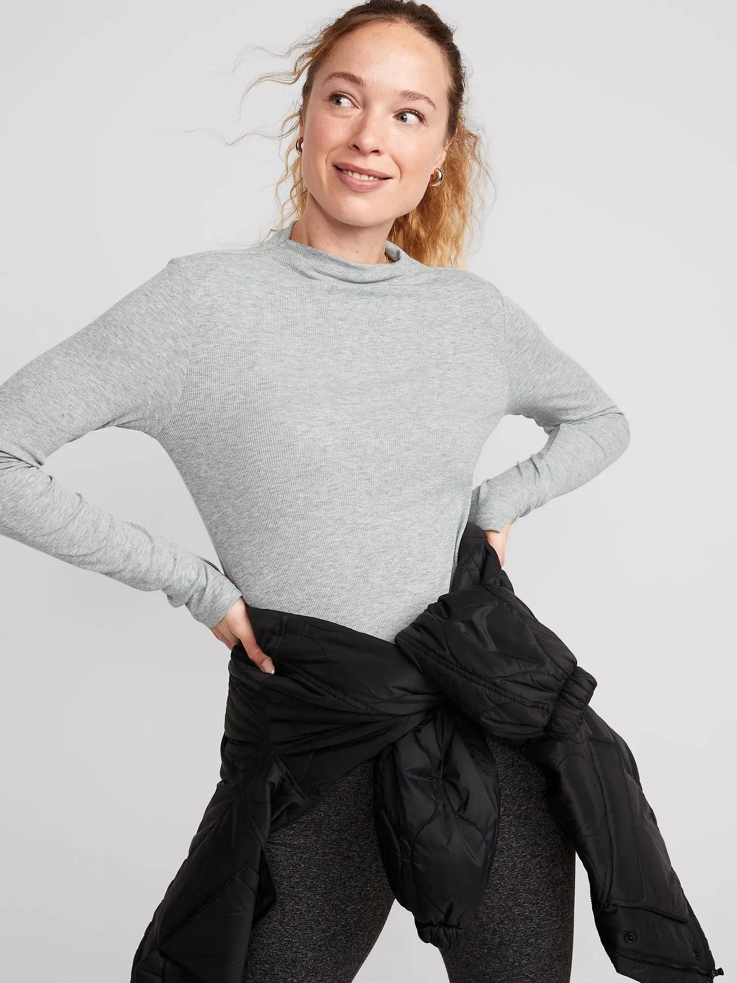 Reversible UltraLite Mock-Neck Rib-Knit Ruched Top for Women Old-Navy