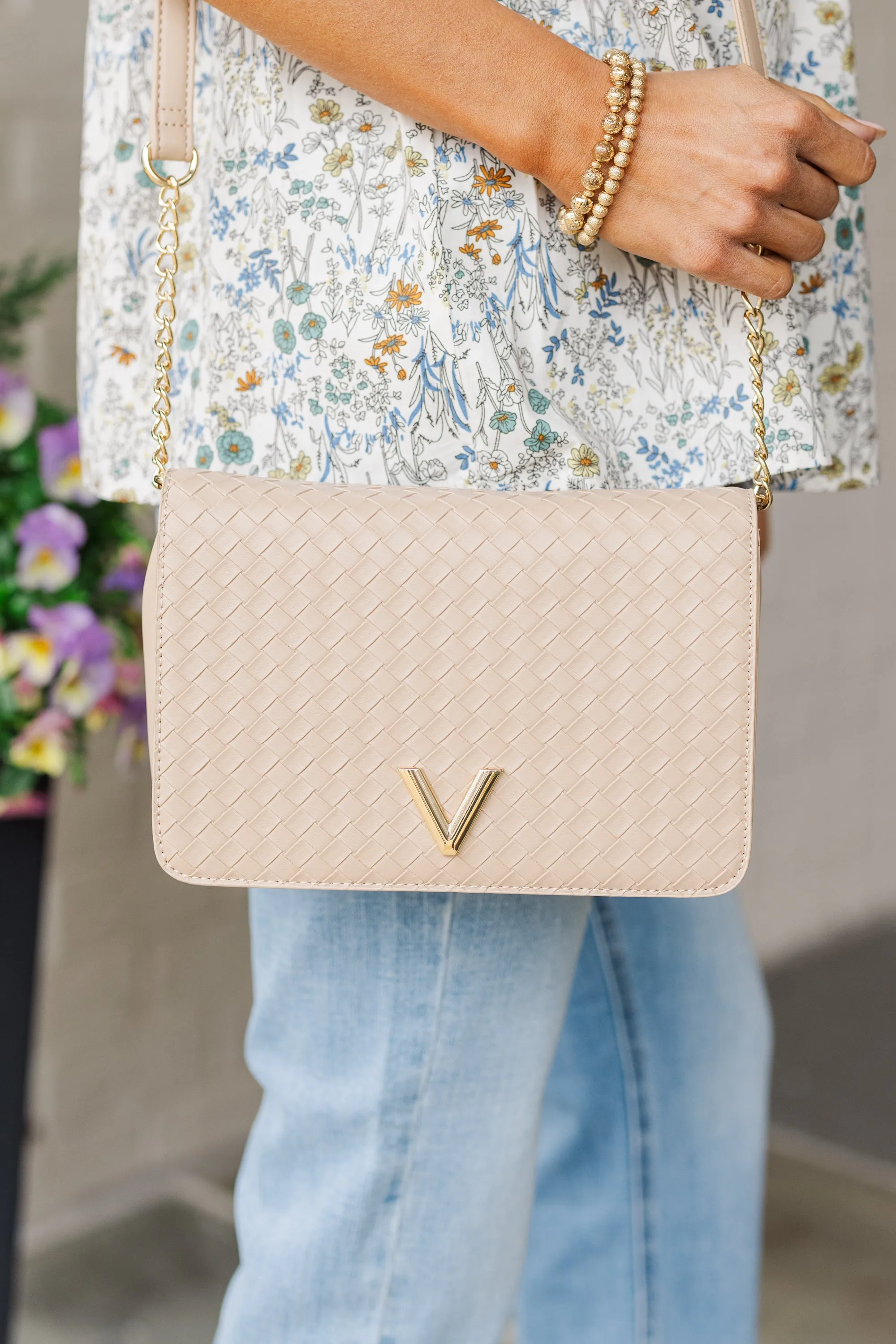 Sand Charm Beige Brown Woven Crossbody Bag