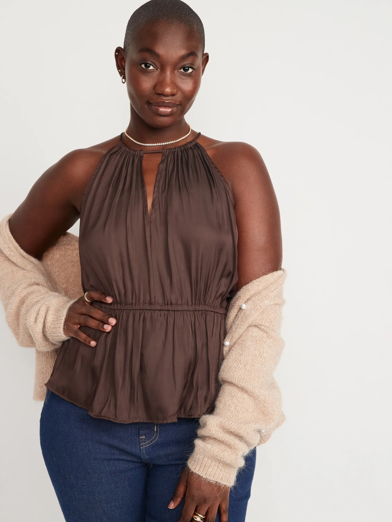 Satin Halter Peplum Blouse for Women Old-Navy