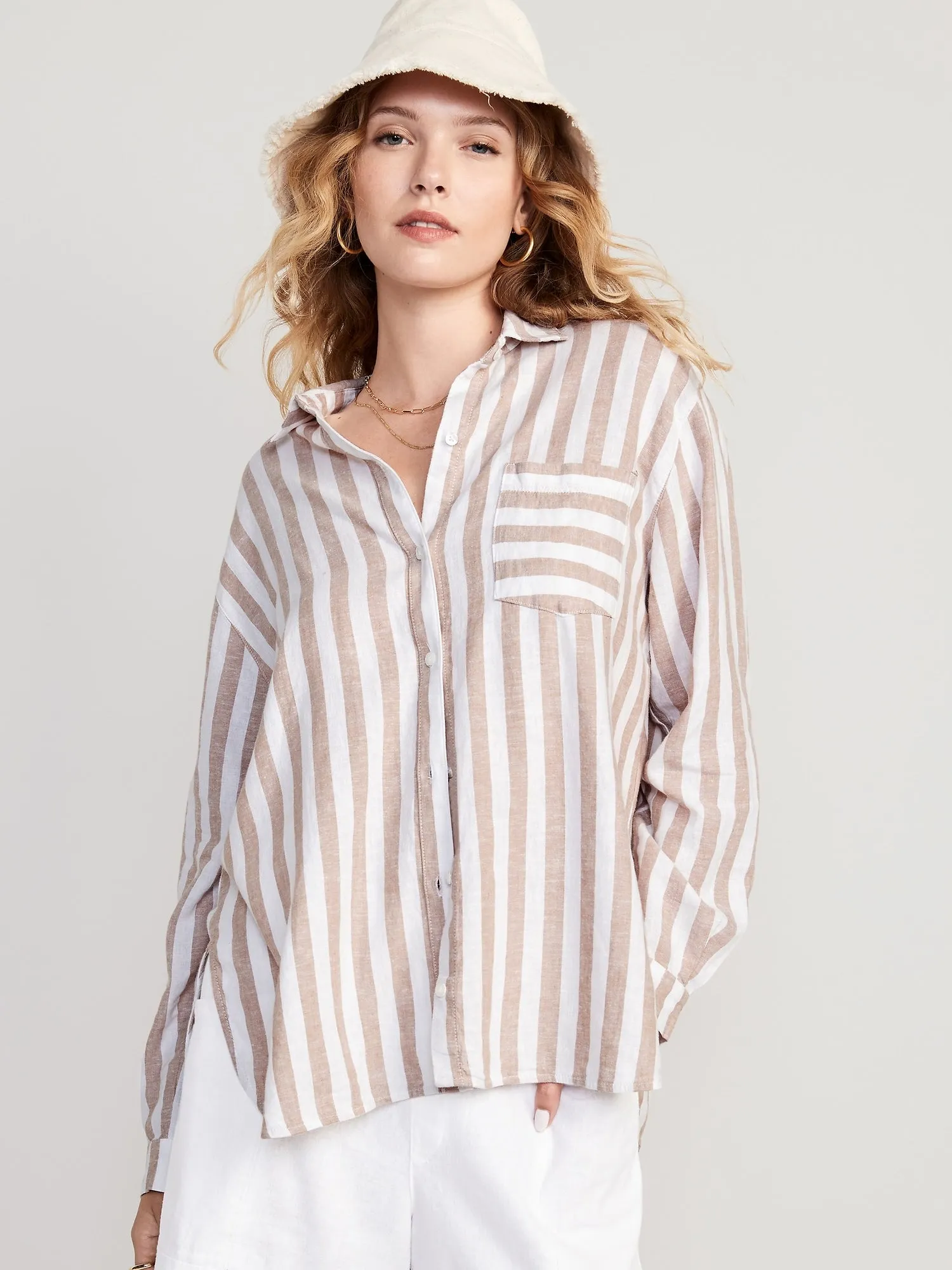 Striped Linen-Blend Boyfriend Shirt For Women