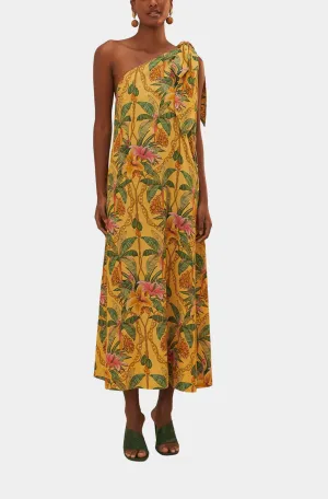 Tropical Paradise Yellow One Shoulder Petals Maxi Dress