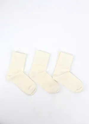 Women's 3 Pairs Plain Long Thin Socks,Cream