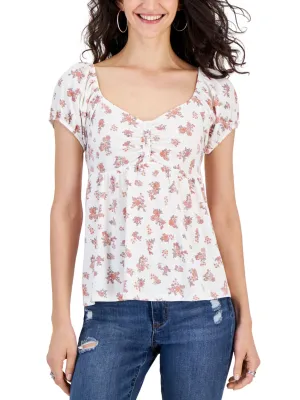 Women's Floral Printed Puff Sleeves Top,Off White