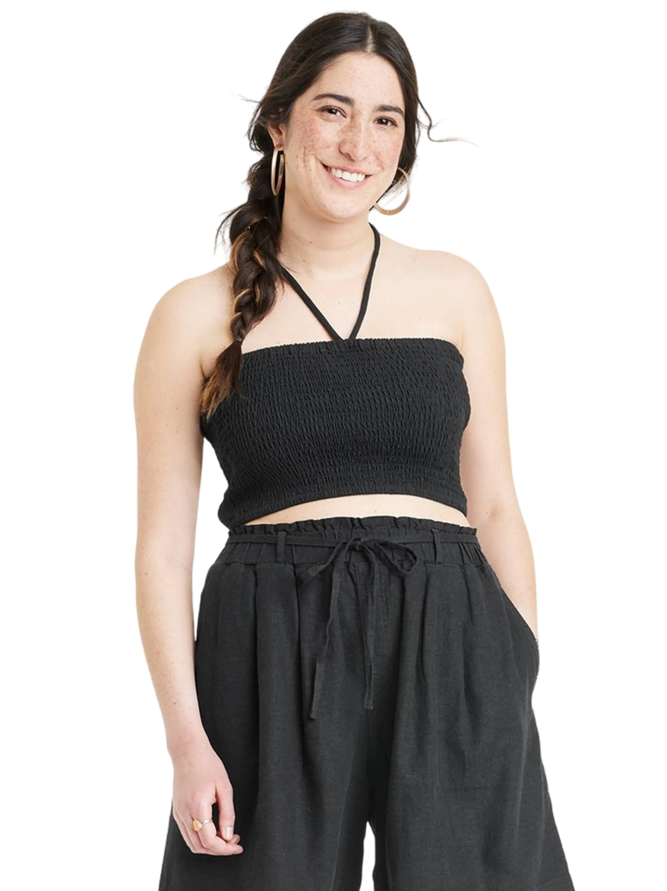 Women's Smocked Crop Top,Black